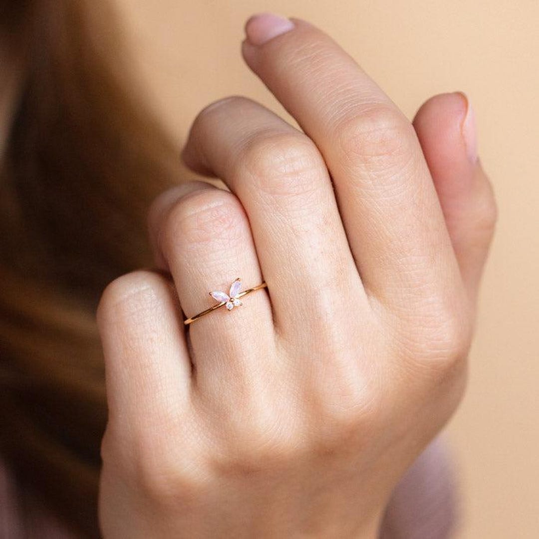 Diamond Butterfly Wedding Ring, Dainty Butterfly Shaped Wedding