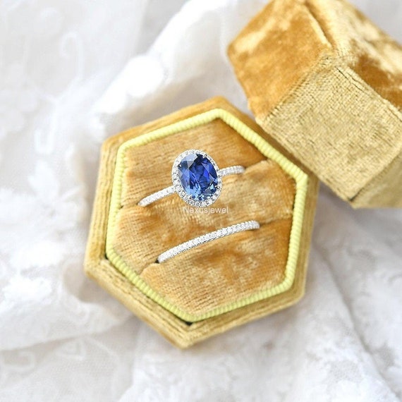 CT Oval Cut Lab Sapphire Engagement Ring, Bridal Ring Set