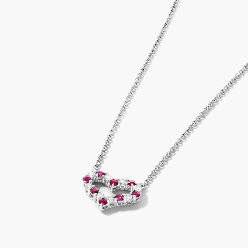 Heart Shape Ruby And Diamond Necklace, Round Cut Alternating Necklace, Pave Accents Charm Necklace, Dainty Necklace, White Gold Necklace image 3