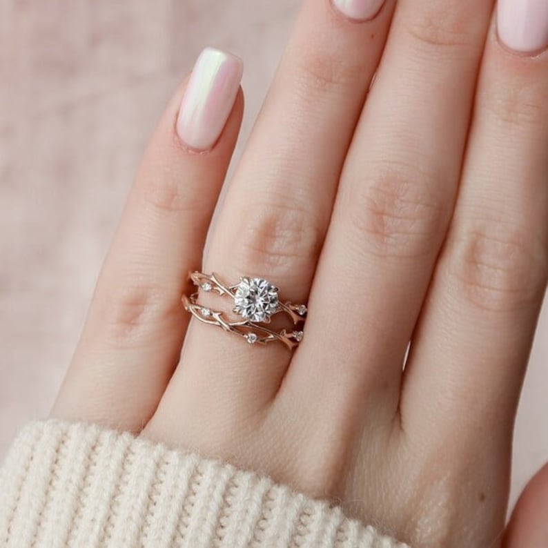 twig engagement set, anniversary ring, Nature Inspired Moissanite Bridal Ring Set