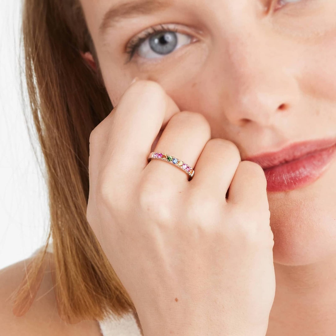 Rainbow Half Eternity Wedding Band, Round Cut Colorful Gemstone Band ...