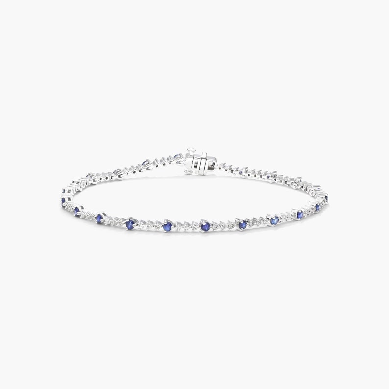 Tennis Bracelet For Women's, Round Cut Blue Sapphire Gemstone Bracelet, Perpetual Diamond And Sapphire Tennis Bracelet, White Gold Bracelet image 1