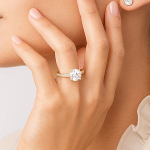 Round Cut Moissanite Engagement Ring, Solitaire Ring in 14K White Gold or 925 Silver, Pave Accent Ring, Elegant and Dainty Proposal Ring