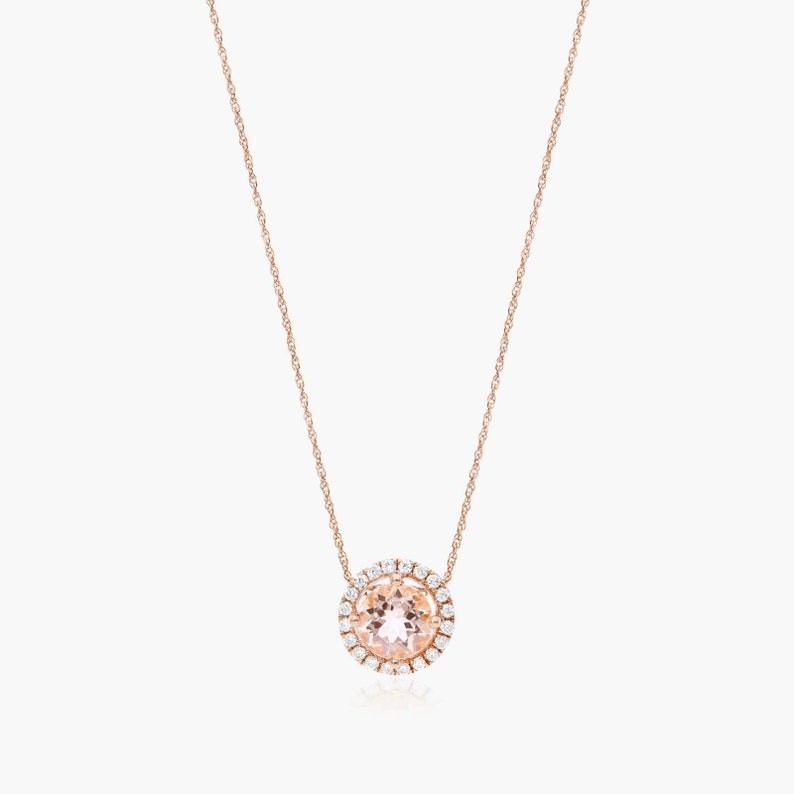 gemstone necklace
round cut necklace
lab morganite gemstone necklace
round morganite necklace
halo diamond necklace
cluster necklace
gift for women
solid rose gold necklace
anniversary gift
wedding gift