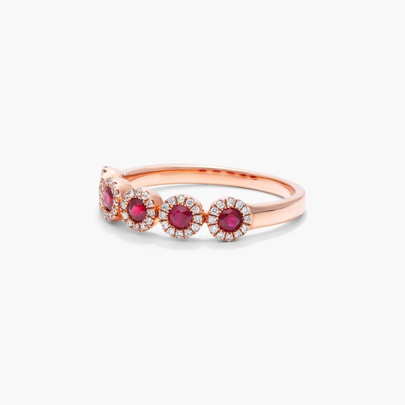 14K Rose Gold Ring For Women, Round Cut Ruby Gemstone Engagement Ring, Halo Simulated Diamond Wedding Ring, Five Stone Solitaire Ring Gifts image 4