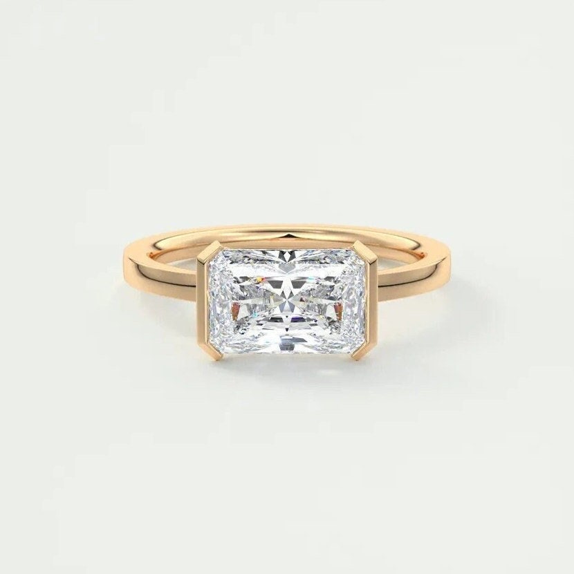 3.31 CT East West Radiant Cut Moissanite Engagement Ring, 14K Yellow Gold Solitaire Ring, Half Bezel Set Anniversary Ring, Wedding Gift