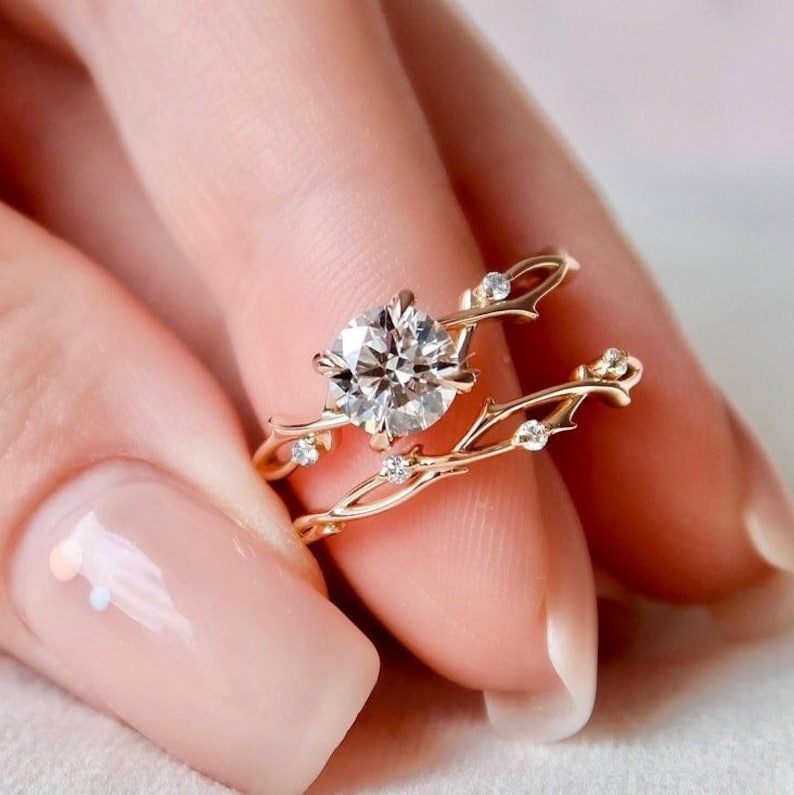 Round cut moissanite engagement ring, twig bridal set, moissanite ring, bridal set