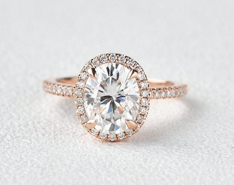 2 CT Moissanite Engagement Ring, Half Eternity Bridal Wedding Ring, Oval Cut Colorless Moissanite Ring, 14K Rose Gold Promise Ring For Her