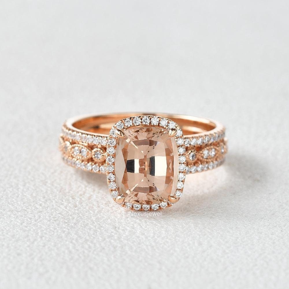 Art Deco 2 Carat Cushion Cut Morganite Wedding Ring Set On 10k Rose Go –  agemz
