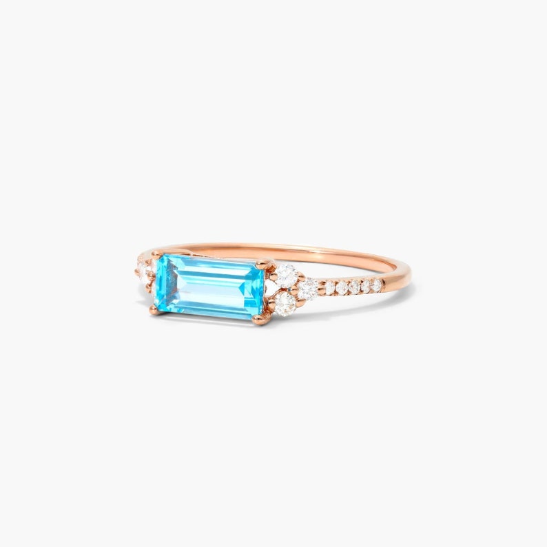 1 Carat Baguette Cut Blue Topaz Engagement Ring, Solid Rose Gold Ring, Half Eternity Simulated Diamond Wedding Ring, Lab Blue Topaz Gemstone image 4