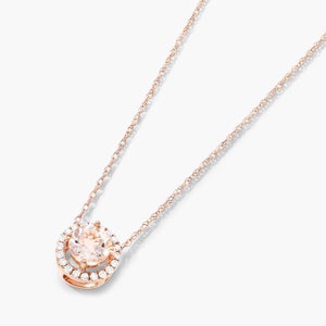 Solid 14K Rose God Necklace, Round Cut Lab Morganite Gemstone Necklace, Diamond Halo Wedding Necklace For Women's, Elegant Bridal Necklace image 4