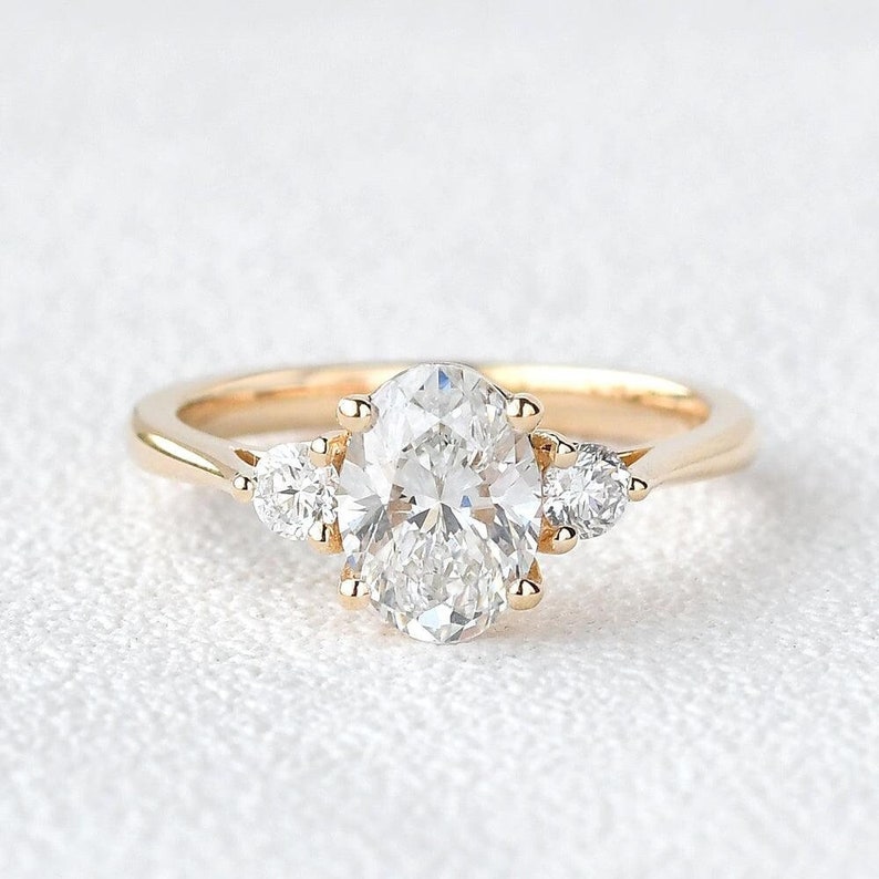 Three Stone Solitaire Bridal Set Ring, 1.00 CT Oval Cut Moissanite Engagement Ring, Tapered Shank Wedding Ring, 14K Yellow Gold Ring For Her image 1