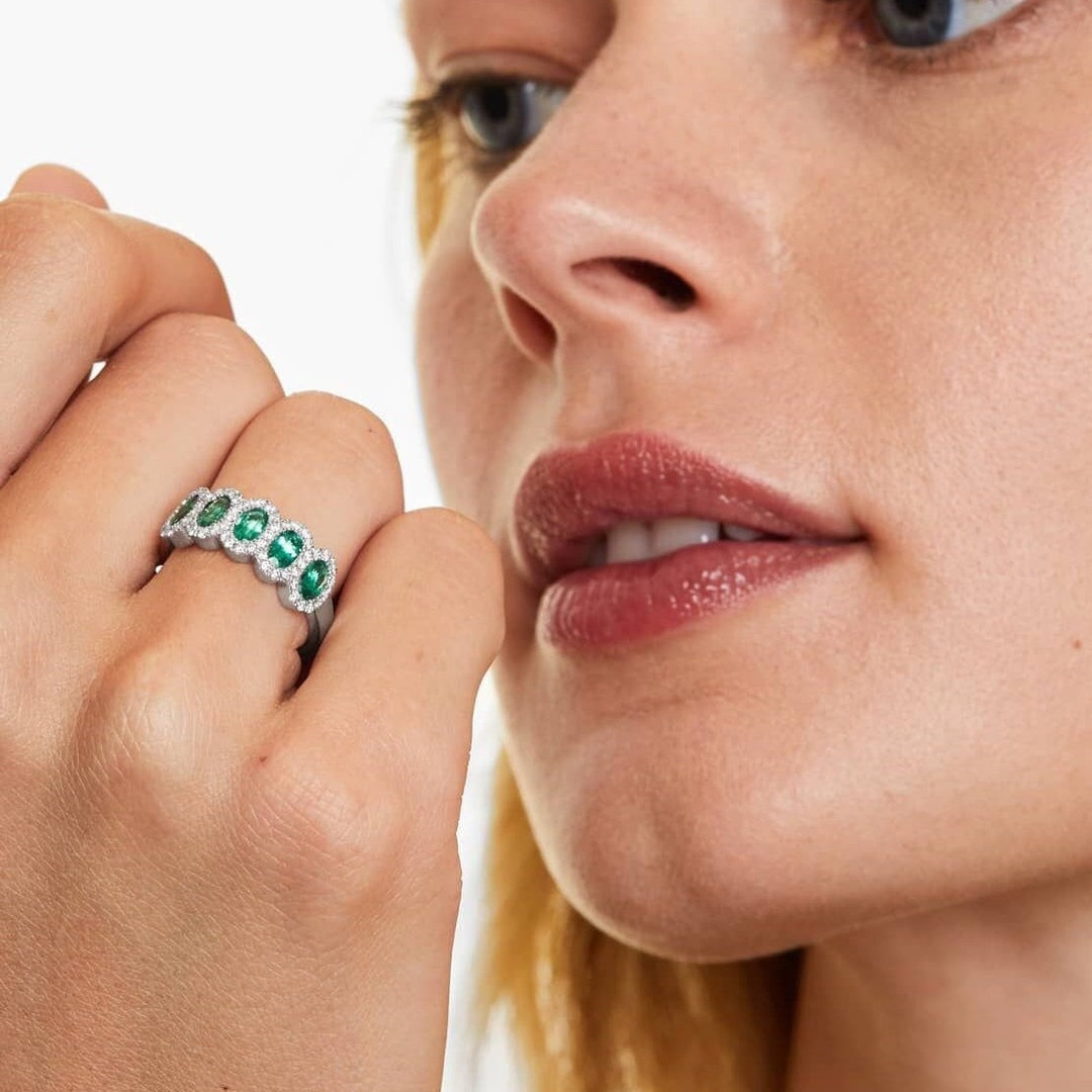 Buy Green Emerald Gemstone Half Eternity Band, Oval Cut Emerald Wedding Band, White Gold Band, Halo Simulated Diamond Band, Five Stone Band Gift