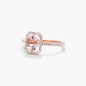 1 CT Emerald Cut Morganite Gemstone Engagement Ring, Halo Simulated Diamond Wedding Ring, Solid Rose Gold Ring, Anniversary Ring For Women's image 4