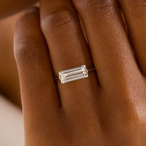East West Baguette Moissanite Engagement Ring, Unique Solitaire Moissanite Ring, 14k Yellow Gold Wedding Ring, Statement Ring, Gift For Her