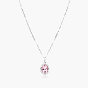 Lab Morganite Gemstone Necklace, 1.25 CT Oval Cut Morganite Necklace, Diamond Halo Necklace, 14K Solid White Gold Necklace, Anniversary Gift image 2