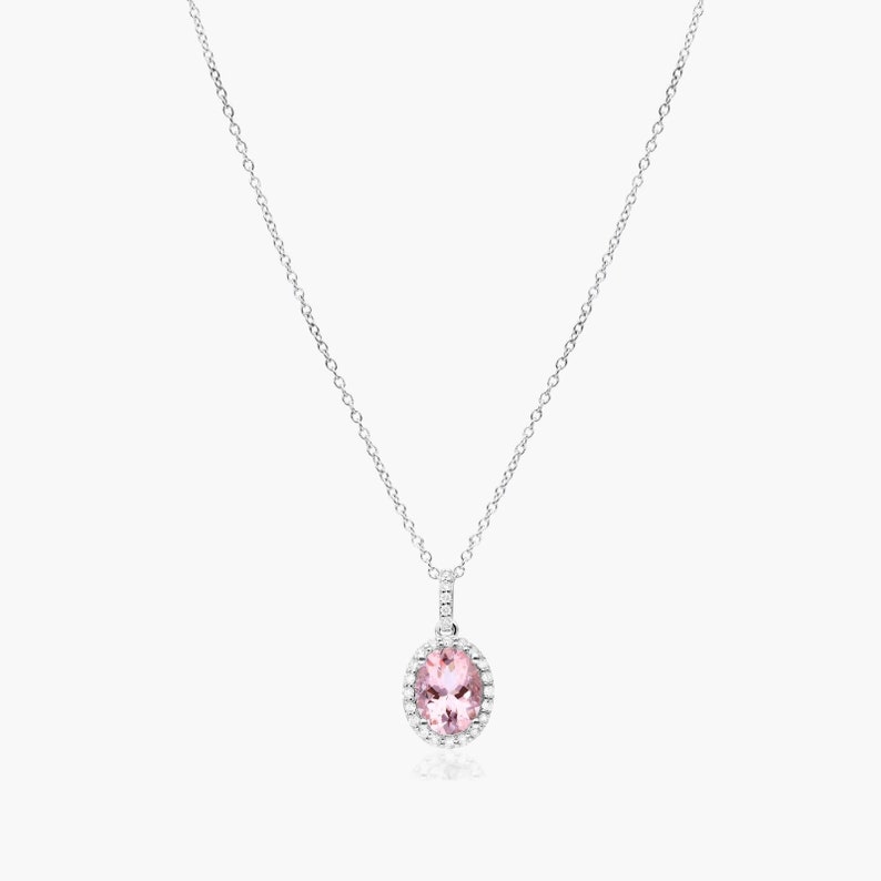 Lab Morganite Gemstone Necklace, 1.25 CT Oval Cut Morganite Necklace, Diamond Halo Necklace, 14K Solid White Gold Necklace, Anniversary Gift image 2