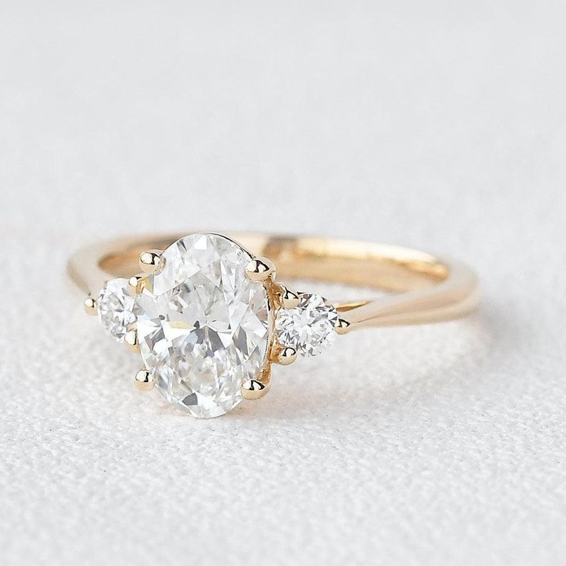 Three Stone Solitaire Bridal Set Ring, 1.00 CT Oval Cut Moissanite Engagement Ring, Tapered Shank Wedding Ring, 14K Yellow Gold Ring For Her image 6