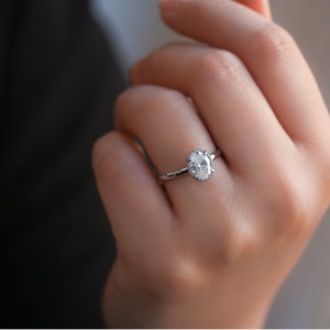 Oval Moissanite Engagement Ring with Halo, 14K Solid Gold Pave Set Ring, Promise Ring with Oval Center Stone, Anniversary Gifts For Her