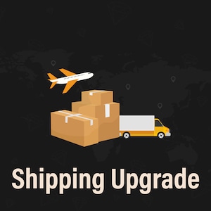 May include: An illustration showing a yellow and white aeroplane above stacked cardboard boxes and a yellow delivery truck with a white cargo area. The words "Shipping Upgrade" are in white text.