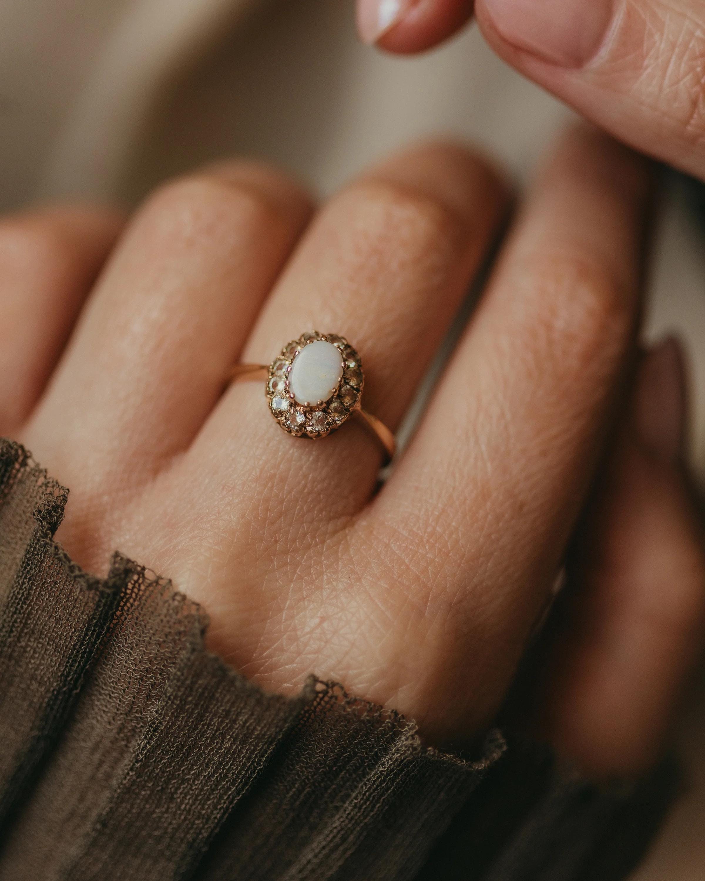 Oval Cut Opal Real gemstone Ring, 14K Yellow Gold Wedding Ring, Opal Engagement Ring, Halo Anniversary Gift Promise Ring, Delicate Ring