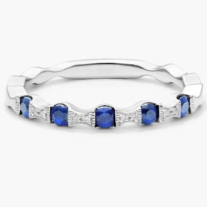 Blauwe saffier en diamanten trouwring vrouwen, trouwring halve eeuwigheid, 14k witgouden trouwring, stapelbare bijpassende trouwring