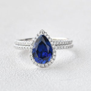 Blue Sapphire Wedding Ring Set, Vintage Unique Bridal Set, 2.50 CT Pear ...