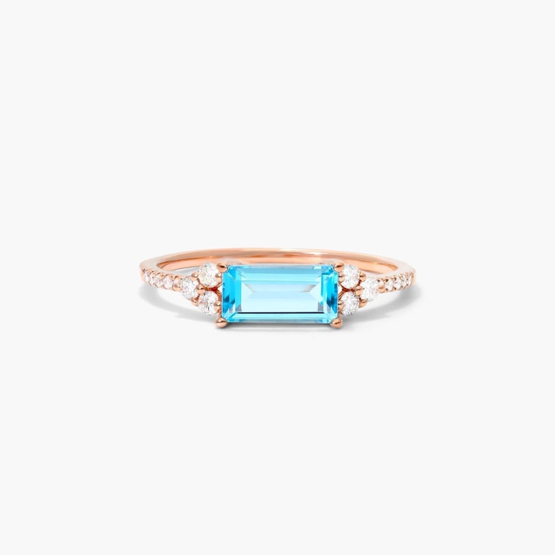 1 Carat Baguette Cut Blue Topaz Engagement Ring, Solid Rose Gold Ring, Half Eternity Simulated Diamond Wedding Ring, Lab Blue Topaz Gemstone image 2