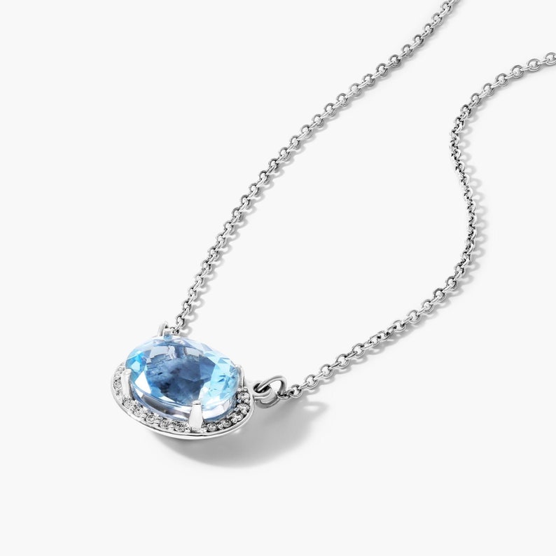 Lab Aquamarine Necklace, 2CT Oval Cut Blue Aquamarine Pendant, Diamond Halo Necklace, East West White Gold Necklace, March Gemstone Necklace image 3