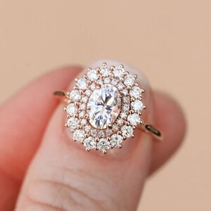 Double Halo Moissanite Wedding Ring, 2.00 CT Oval Cut Moissanite Engagement Ring, 14K Solid Rose Gold, Vintage Style Hand Made Jewelry