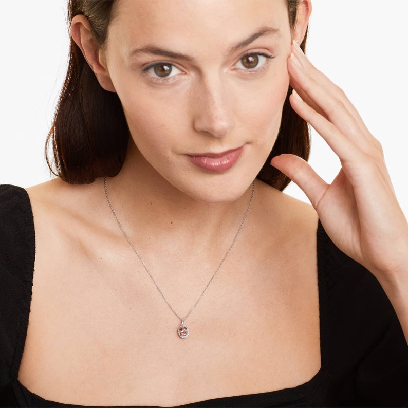 Lab Morganite Gemstone Necklace, 1.25 CT Oval Cut Morganite Necklace, Diamond Halo Necklace, 14K Solid White Gold Necklace, Anniversary Gift image 5