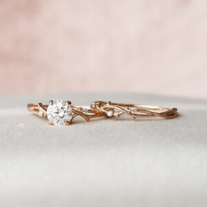 promise anniversary gift, round cut set, colorless moissanite ring, twig set