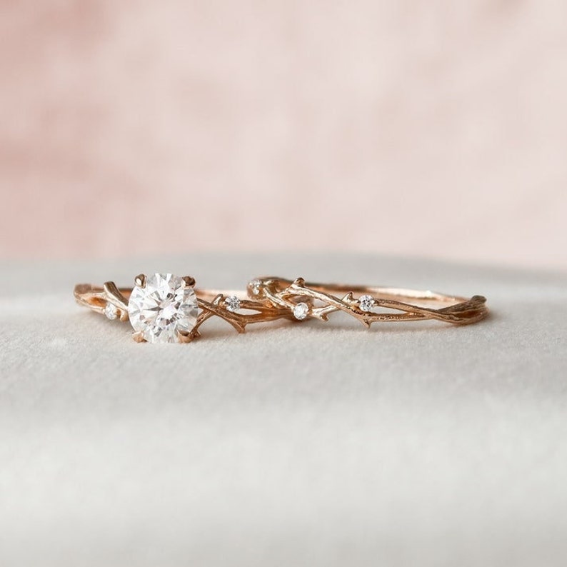 promise anniversary gift, round cut set, colorless moissanite ring, twig set