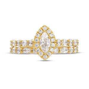 1.00 CT Marquise Cut Moissanite Halo Bridal Set Ring, 14K Solid Yellow Gold Half Eternity Band, Classic Moissanite Jewelry image 2