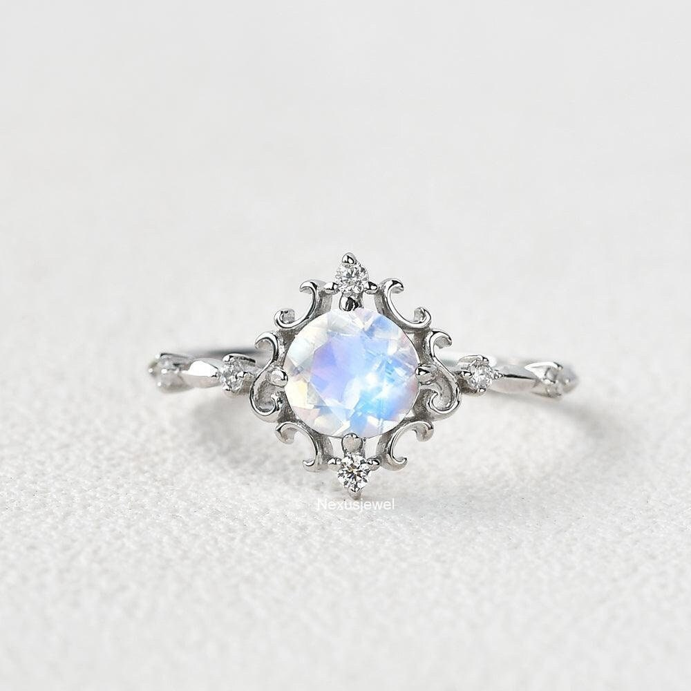 Moonstone Gemstone Ring Round Cut Engagement Ring White Gold - Etsy