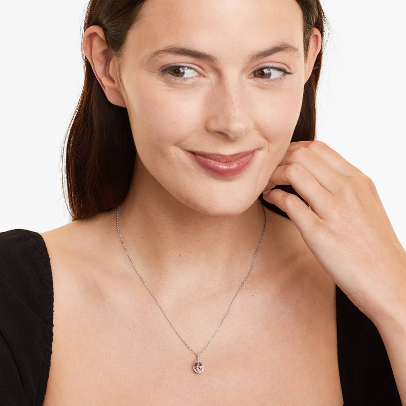 Lab Morganite Gemstone Necklace, 1.25 CT Oval Cut Morganite Necklace, Diamond Halo Necklace, 14K Solid White Gold Necklace, Anniversary Gift image 3