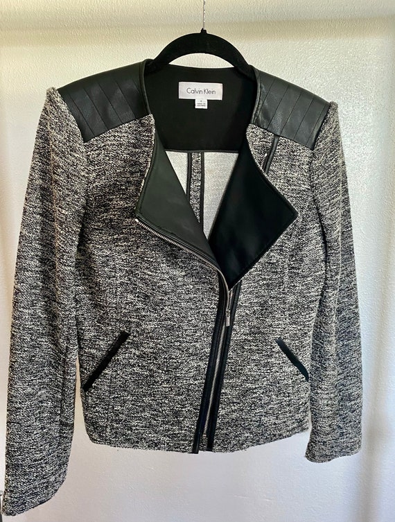 Calvin Klein - Tweed/Faux Leather Moto Jacket