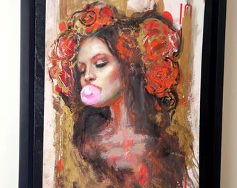 Woman Portrait Painting on Playing Card | Mixed Media Oil Art, Bougie Punk Series