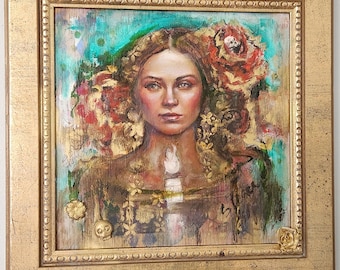 Symbolic Portrait Original Oil Painting | Floral Figurative Art | Hand-Finished Gold Frame | "This Little Light of Mine"