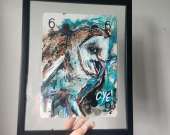 Owl Playing Card Art, Original Owl Painting, Punk Owl Mixed Media Art, Sassy Bird Wall Art