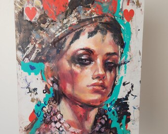 Original Oil Painting on Playing Card – Contemporary Figurative Art, Seven of Hearts - Breakfast At Tiffany’s