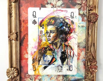 Woman Portrait Painting on Playing Card | Hand-Sculpted Framed Mixed Media Art - "Let It Reign"