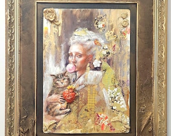 Original Oil Painting on Jumbo Playing Card – Victorian Queen with Cat  Portrait Art – "Aristocracy Meets Alley Cat"