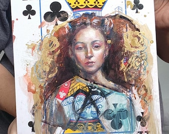 Woman Portrait Painting on Playing Card | Original Mixed Media Art | Bougie Punk Women - "We Didn’t Start the Fire"