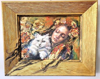 Original Oil Painting – Sleeping Girl & White Cat | Contemporary Figurative Art | Sara Leger