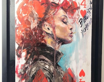 Original Oil Painting on 4 of Hearts Playing Card | Pop Surrealism Portrait | "Beautiful Disaster"