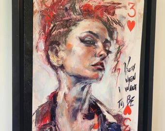 Original Oil Painting on Playing Card – Pop Surrealism Figurative Art "Pretty When I Want To Be"