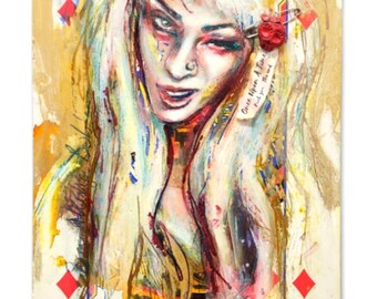 Original Mixed Media Painting on XL Playing Card | Bougie Punk Woman Portrait