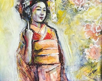 Original Geisha Painting | Mixed Media Floral Portrait, Gold Frame