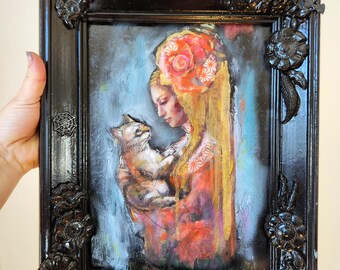 Original Oil Collage Painting, Woman Cat Portrait, Hand-Sculpted Frame, Wall Art "Little Talks"